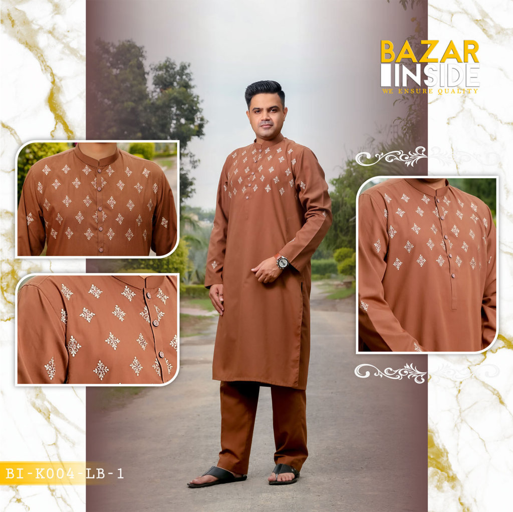 Men’s Cinnamon Brown Embroidered Kurta And Trouser BI-K004 - Bazar Inside